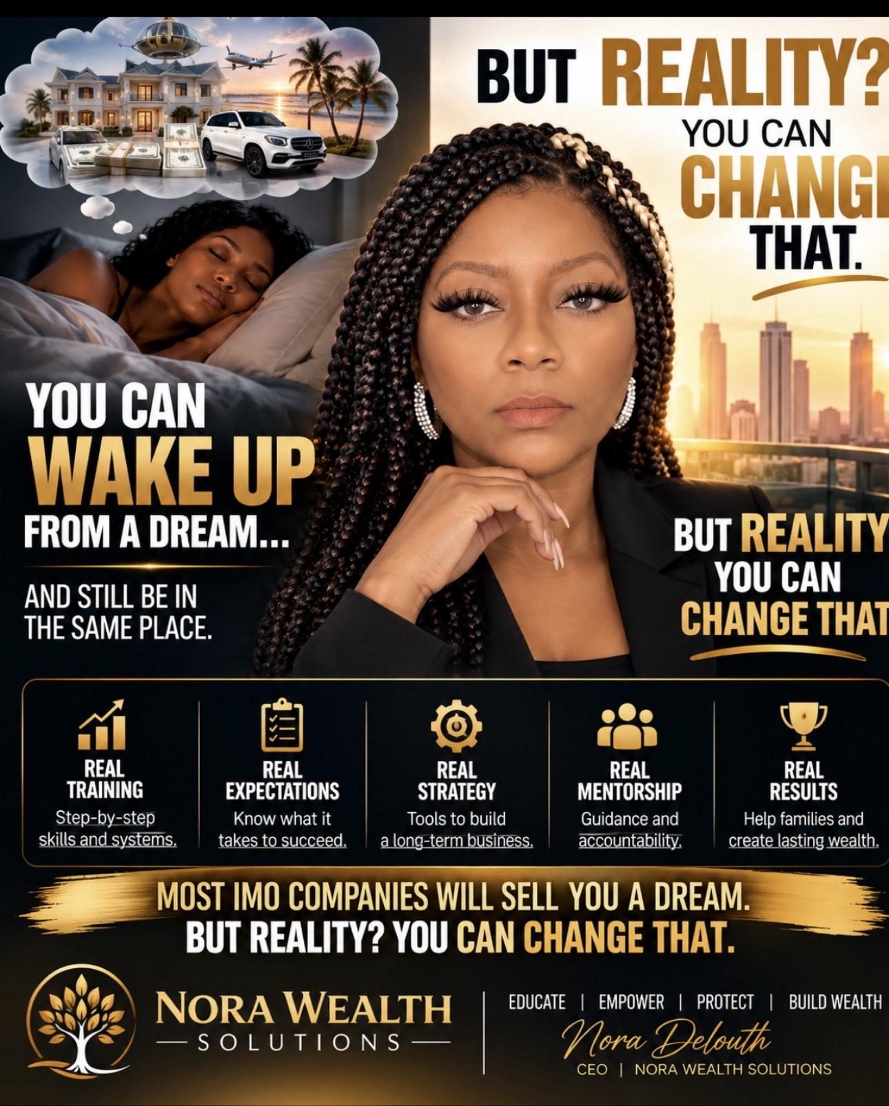 Nora Wealth Solutions agent flyer: real training, real expectations, real strategy, real mentorship, real results