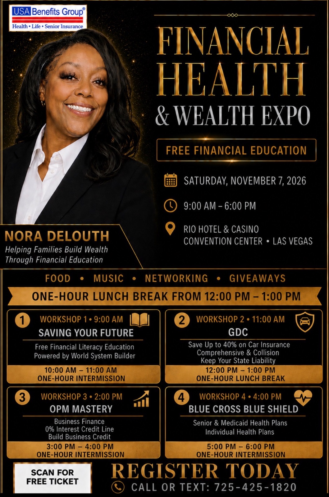 Financial Health and Wealth Expo flyer — Saturday, November 7, 2026, 9:00 AM to 6:00 PM, Rio Hotel & Casino Convention Center, Las Vegas, with the four workshop times