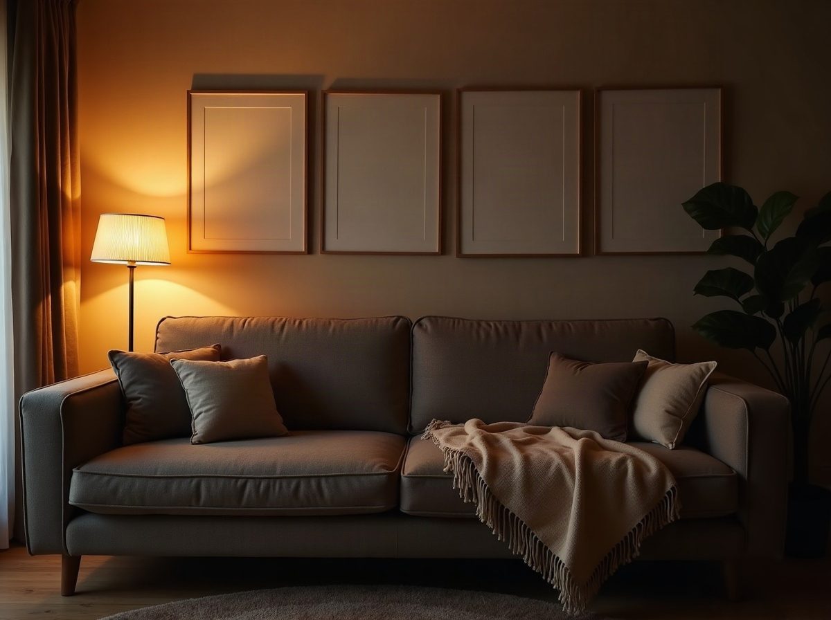 Warmly lit family living room at dusk