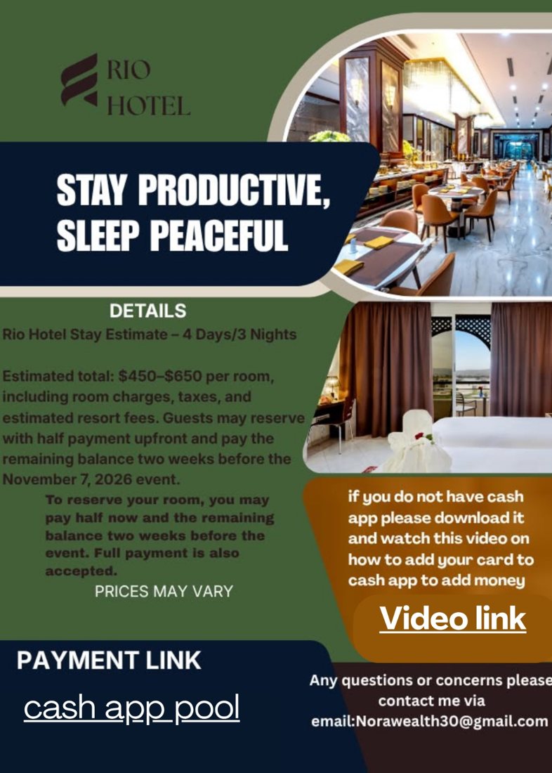 Rio Hotel stay and travel details flyer for the November 7 2026 expo